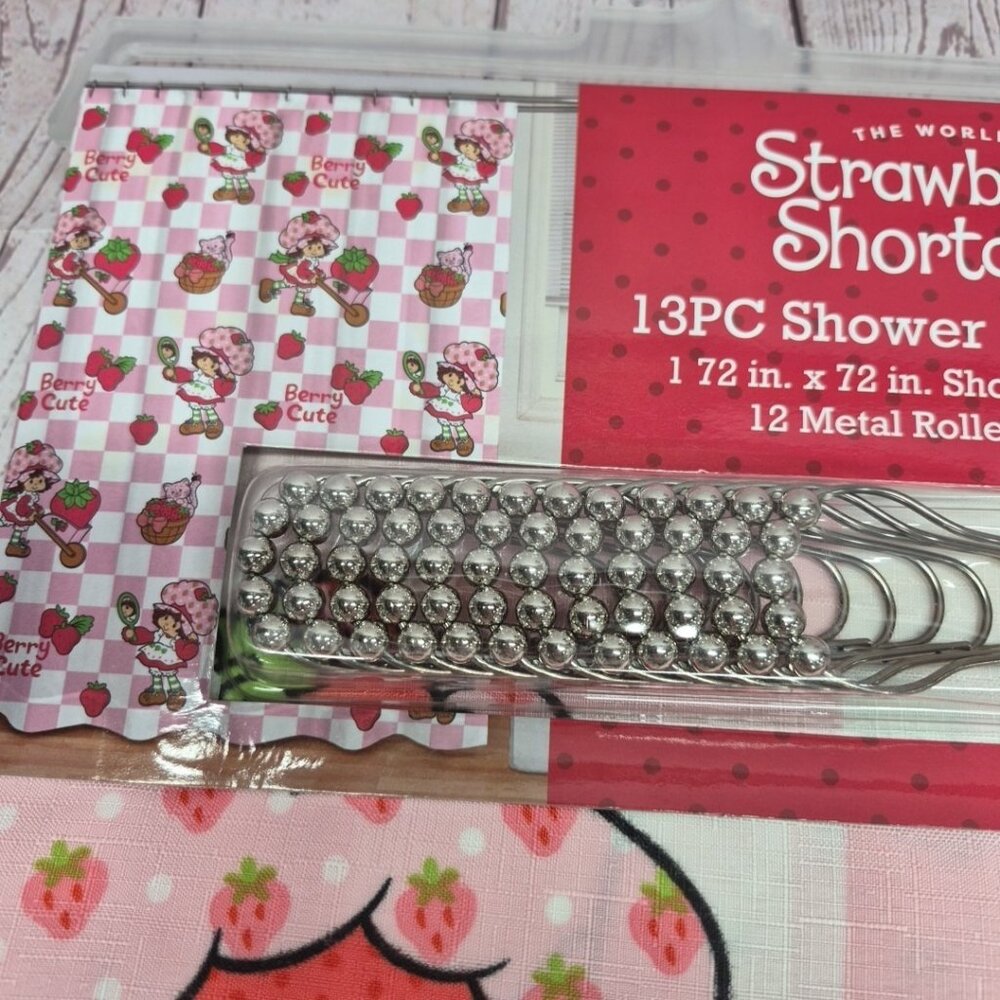 Strawberry Shortcake 13PC Shower Curtain Set Pink 72x72 Fabric With Hooks Bath - Picture 4 of 7